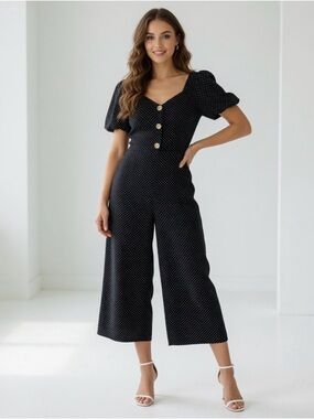 Monteau Black Polka Dot Puff-Sleeve Jumpsuit